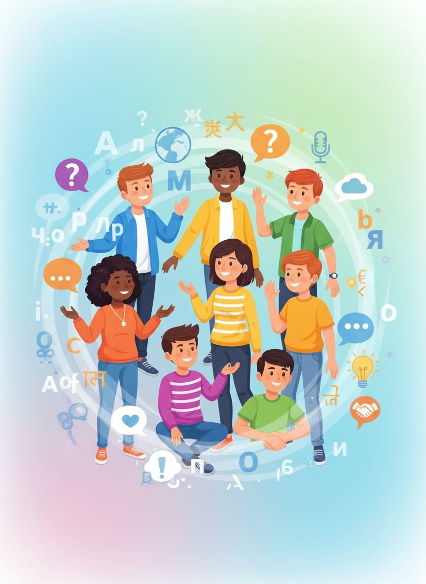 Illustratie van jongeren die communiceren met letters en taalsymbolen